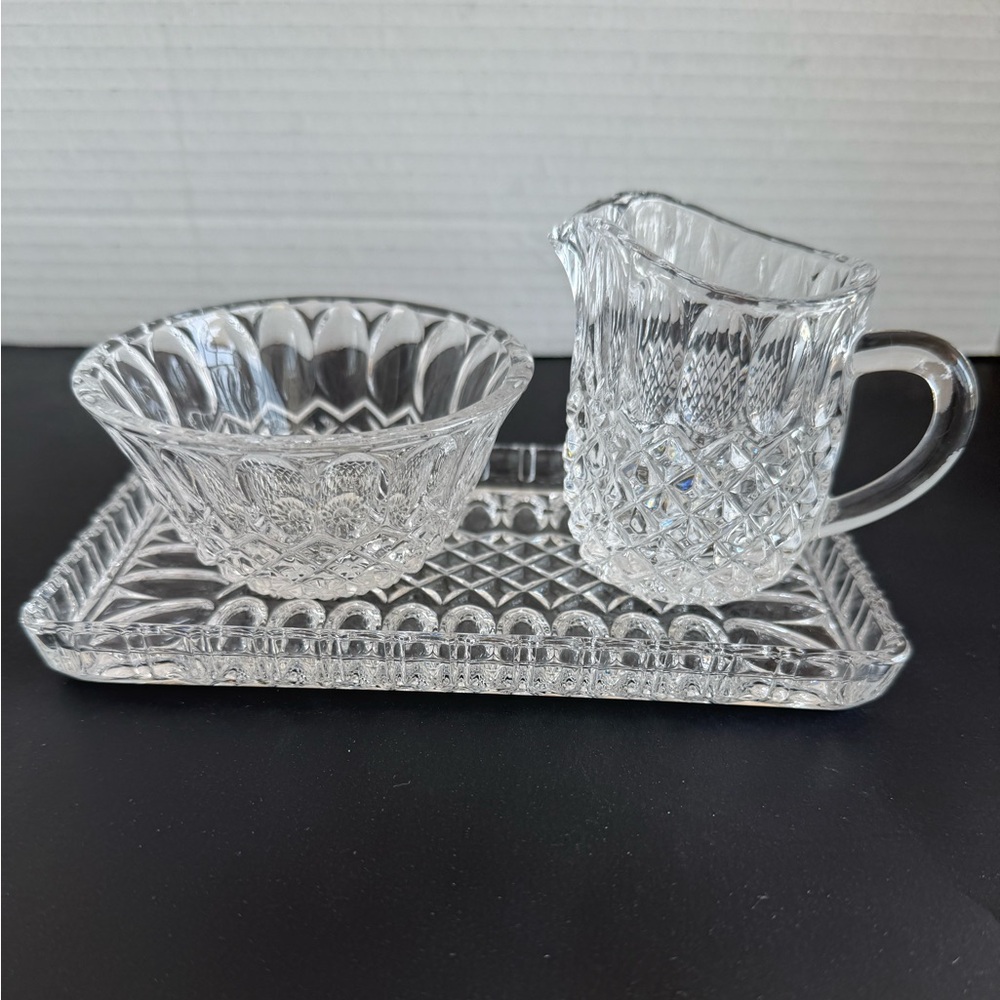 Vintage Crystal Creamer, Open Sugar and Matching Crystal Tray Diamond Pattern
